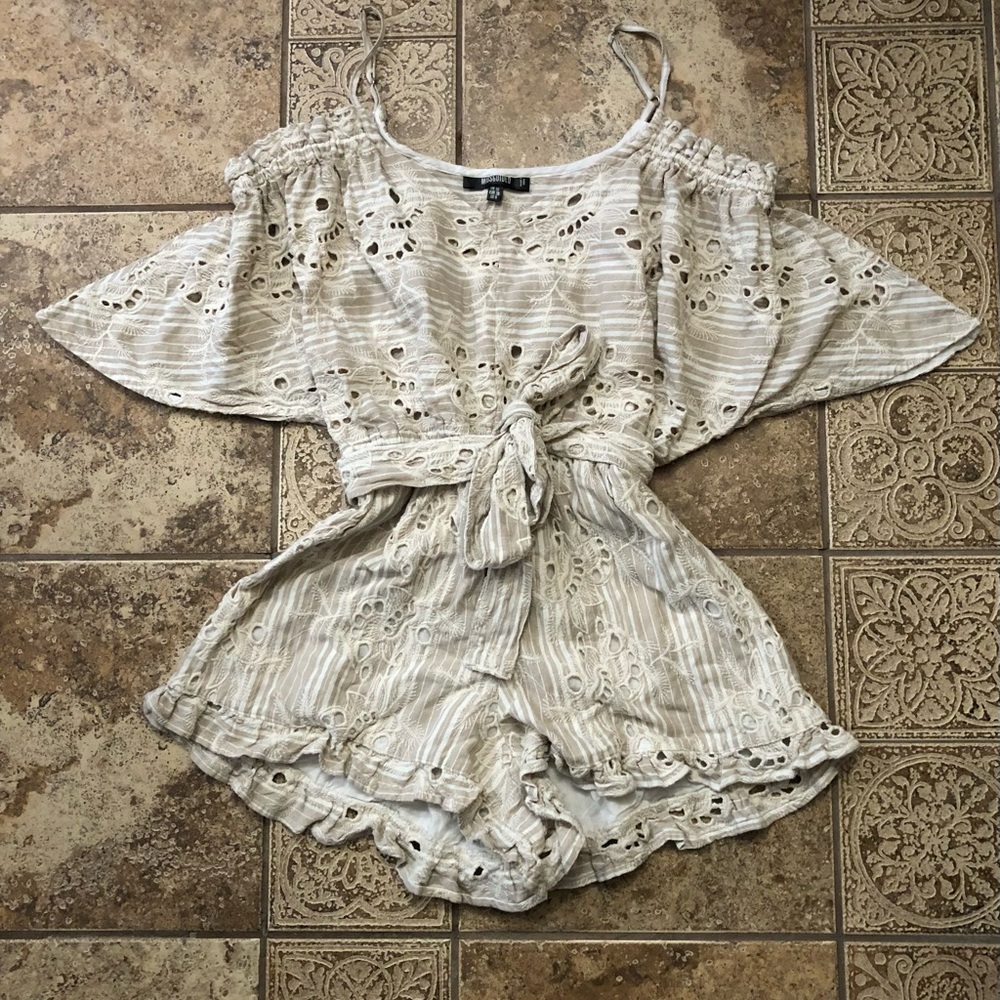 NWOT Missguided Beige Striped Eyelet Off-Shoulder Romper